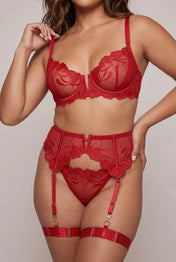 Women's Four Piece Lingerie Set with Thigh Warmers and Gloves - FLAME Red