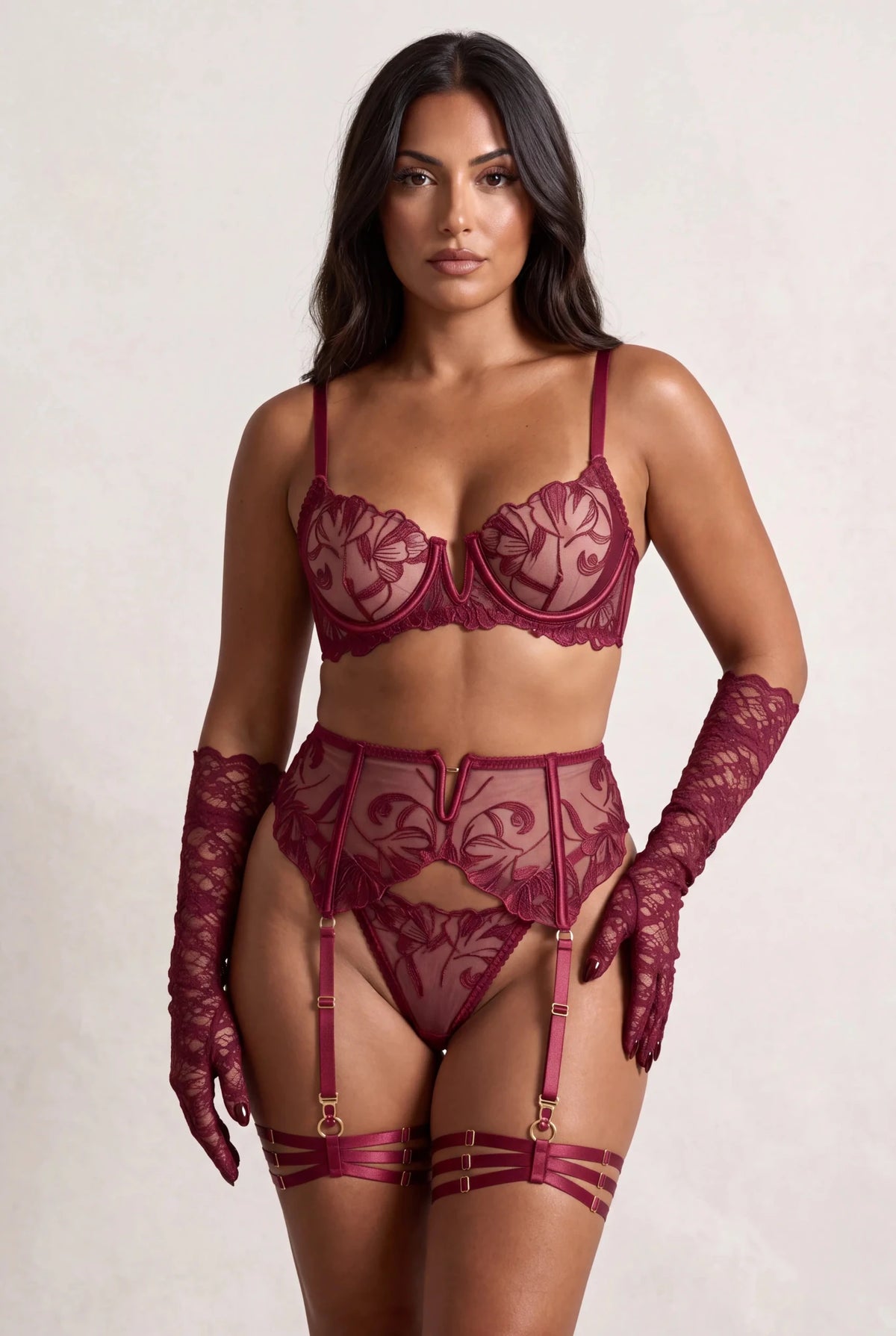 Porte-jarretelles + tours de cuisse + gants - FLAME Bordeaux - NAKED Underwear FR