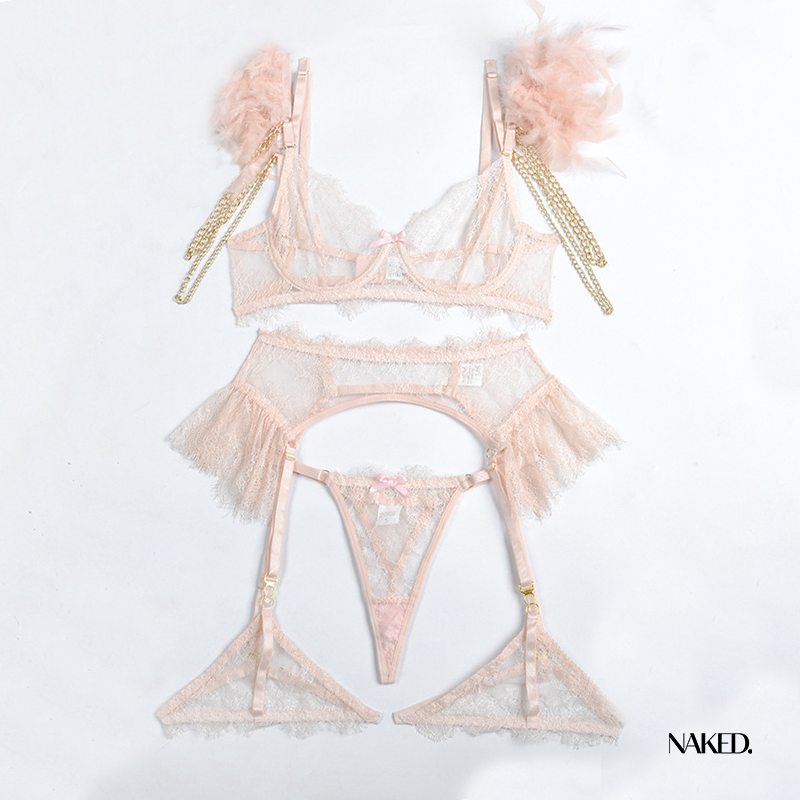Ensemble lingerie en dentelle quatre pièces - PRIVATE PINK Octobre ROSE - NAKED Underwear FR